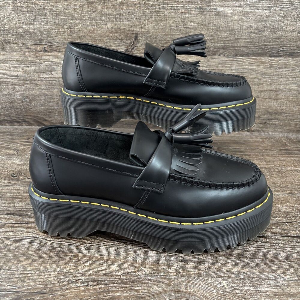 Dr. Martens Adrian Quad Shoes Women's 8 Black Leather Tassel Loafers Platform